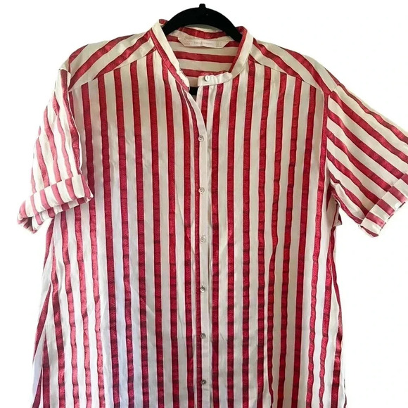Zara Tops - Zara Red White Shimmer Pinstripe Button Up Sz M Back Ruffles 4th of July